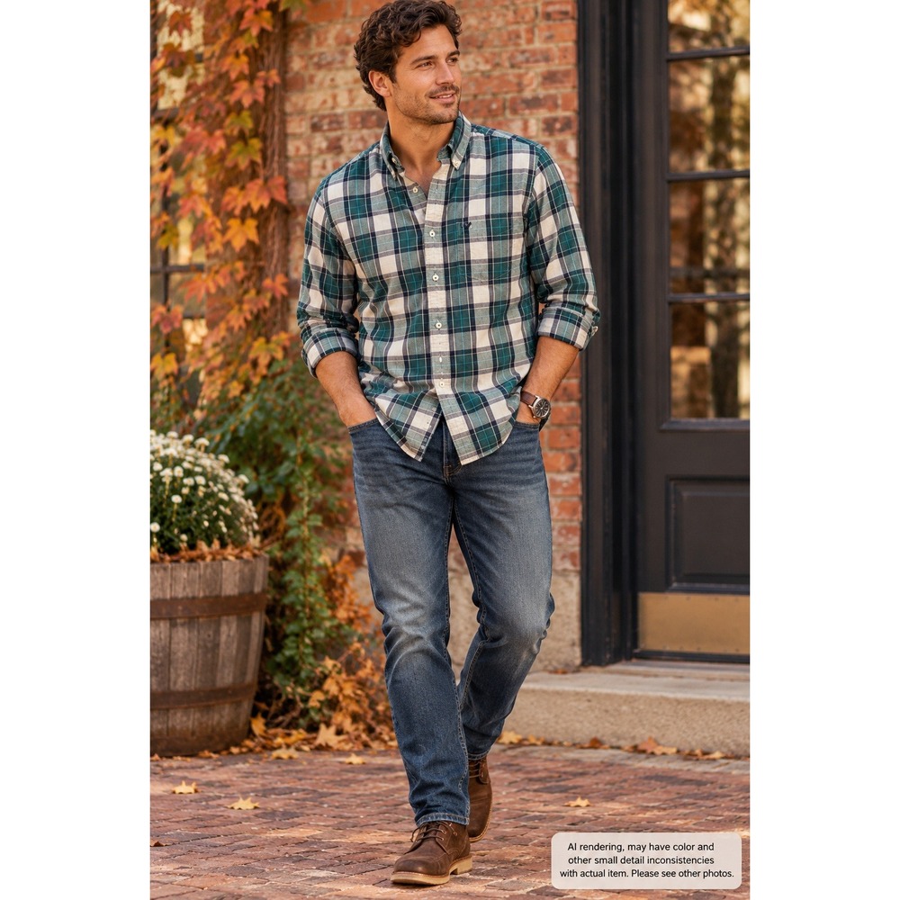 American Eagle Medium Plaid Button Down Shirt Teal Green Classic Fit Americana